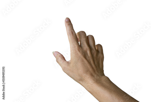 Woman index finger reaching up to touch, point or click. Isolated on transparent background.