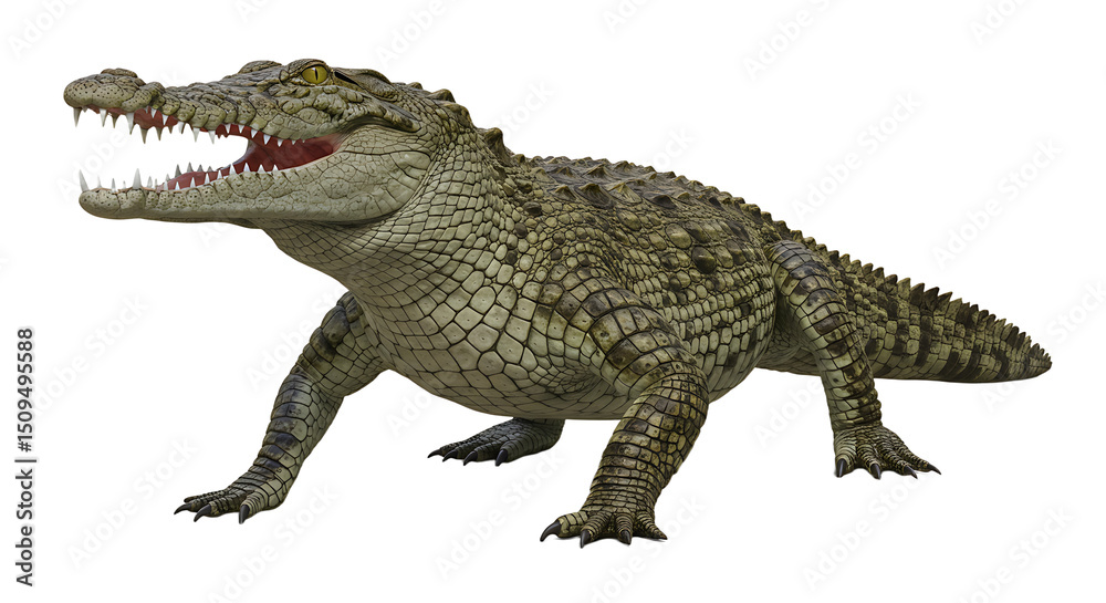 Naklejka premium Scaled Crocodile with Open Jaws and Sharp Teeth Standing Alert