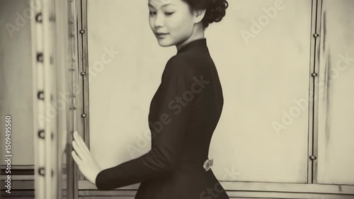 Portrait of a young Asian woman with traditional Chinese clothing and nurse's cap glancing back, shot with a vintage sepia tone for a historical aesthetic