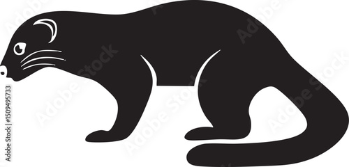 sleek black weasel rests gracefully on a white surface.