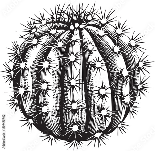 stylized black and white of a spherical cactus.
