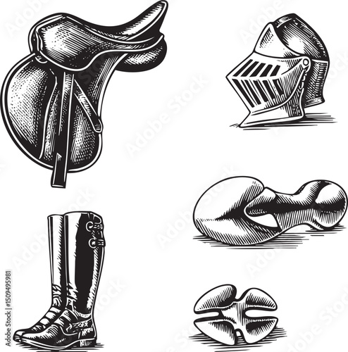 Black and white depicts a saddle helmet boots and a decorative bowl.