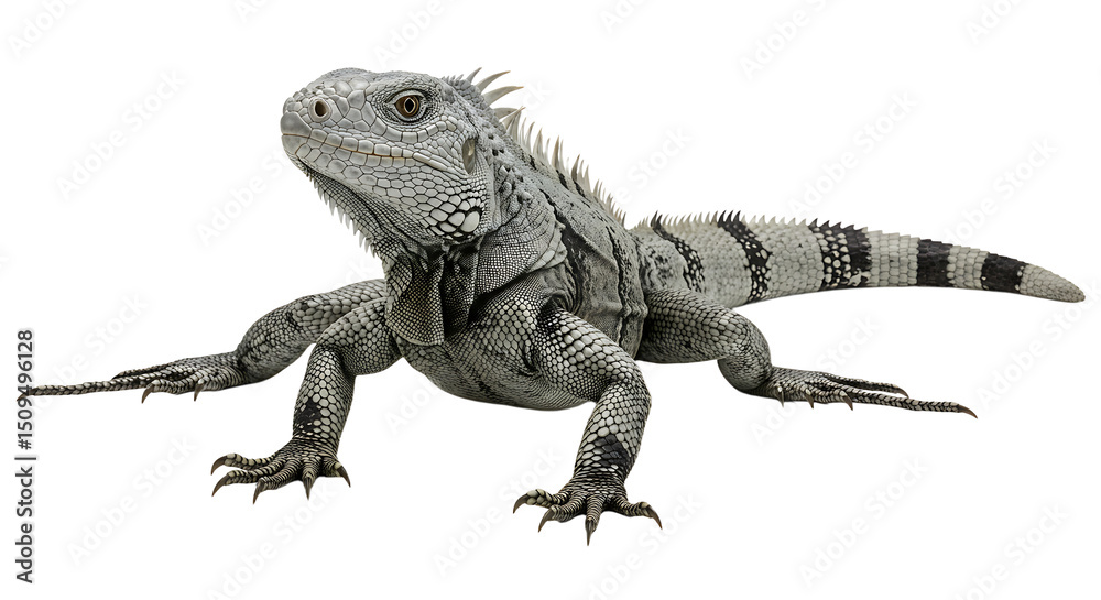 Fototapeta premium Striking Iguana Portrait Detailed Scales and Sharp Spikes in Monochrome