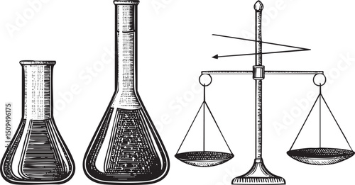 Three glass laboratory flasks and a balance scale are displayed.