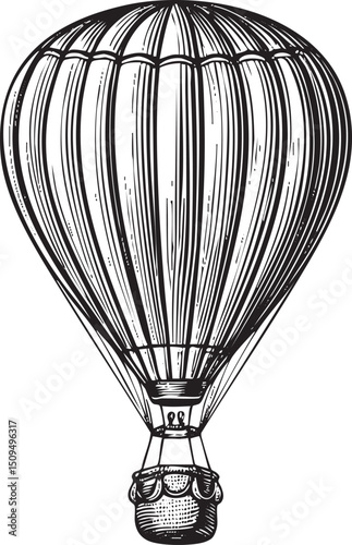 detailed black and white of a hot air balloon ascending into the sky.