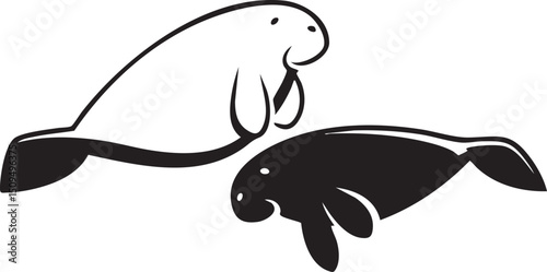 Two gentle manatees embrace playfully in a serene setting.