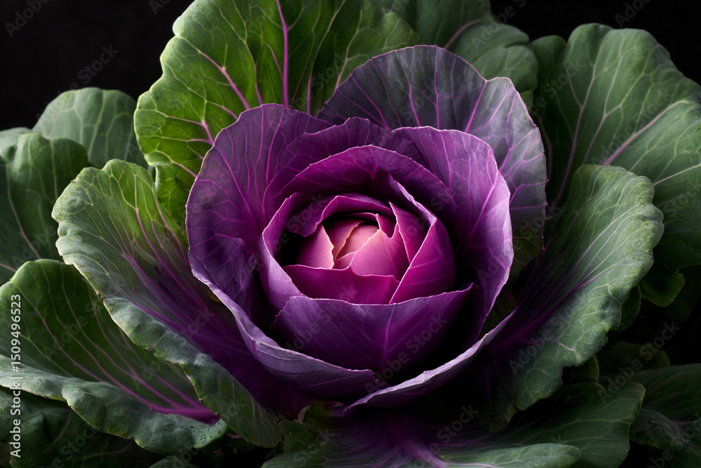 Obraz premium Purple cabbage with vibrant green leaves in close-up shot