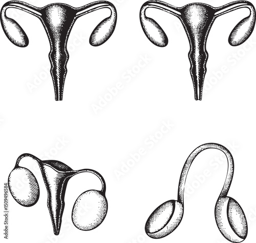 Two detailed black and white illustrations of stylized uterus diagrams.