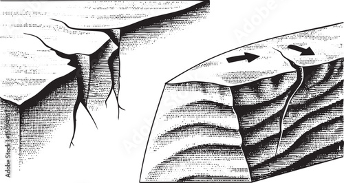 Two geological formations demonstrate tectonic plate movement with visible fractures.