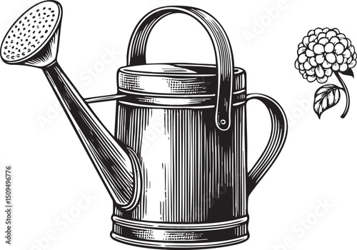 vintage metal watering can gently pours water onto a delicate purple flower.