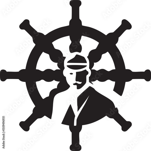 solitary sailor steers a ship's wheel against a turbulent sea.