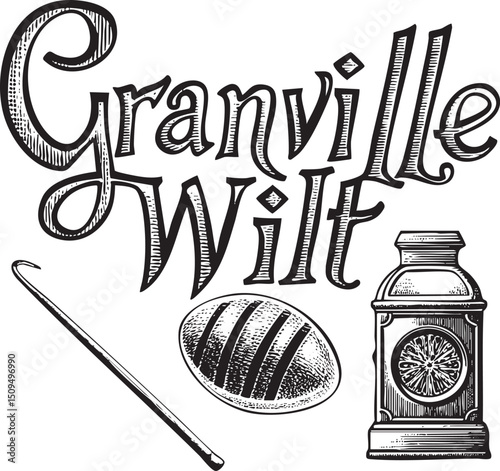 Vintage typography displays the town name 'Granville Wilt' alongside a decorative quill and an antique inkwell.