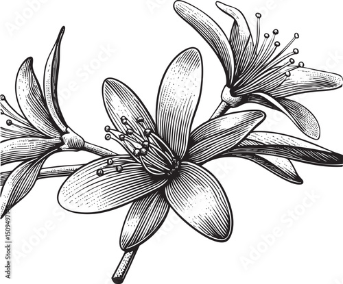 detailed black and white of a blossoming flower.