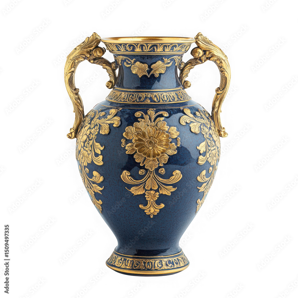 Elegant blue and gold ornate ceramic vase isolated on transparent background Elegant blue and gold ornate ceramic vase isolated on transparent background