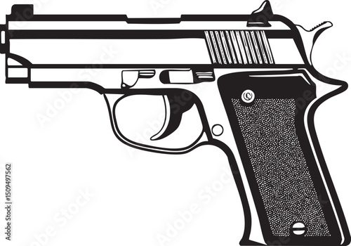 black and white silhouette of a pistol rests on a textured surface.