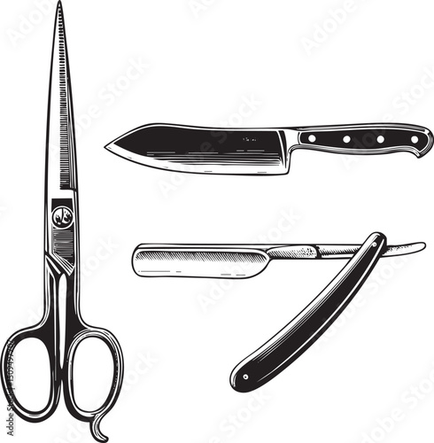 Black and white of barber tools arranged on a clean surface.