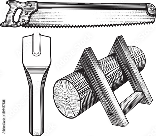 metal saw rests beside a wooden plank and a hand tool.