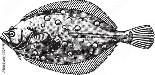 solitary flatfish rests on a white background.
