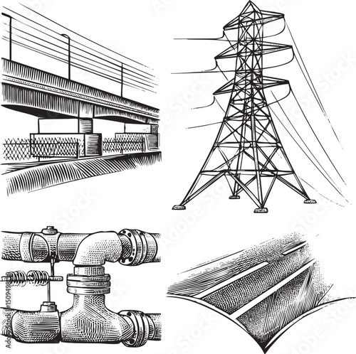 black and white depicts an elevated bridge a towering power transmission tower and a detailed pipe valve.