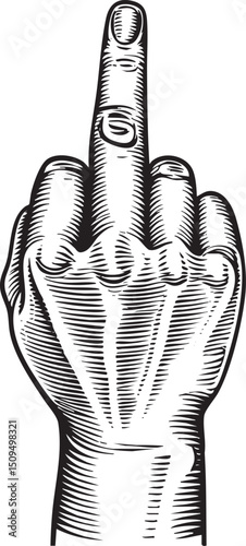 hand displays a raised middle finger against a stark white background.