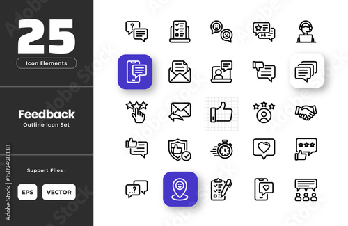 Feedback Icon Set Collection - Outline Line Art Style. Containing Question, Online Survey, Feedback, Testimonials, Support, Positive Feedback, Quick Responses, Like, Review, Public Opinion, Chat, Emai