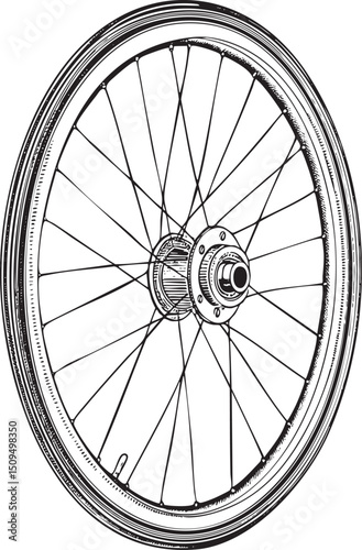 detailed black and white of a bicycle wheel.