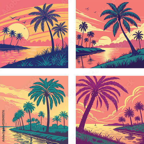 A sunset reflecting on water with neon palm tree shadows.