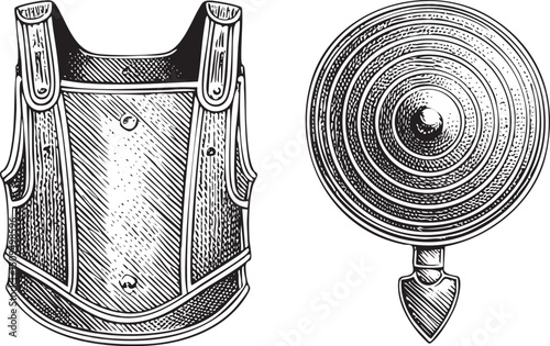 detailed black and white showcases a medieval breastplate and shield.