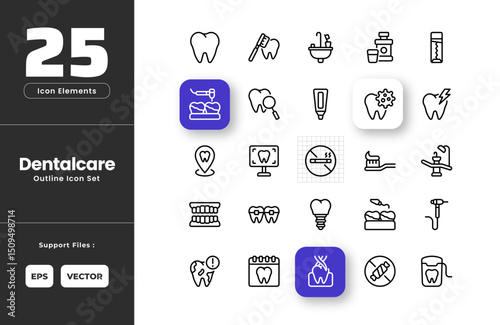 Dental Health Icon Set Collection - Outline Line Art Style. Containing Broken, Tooth, Brush, Teeth, Chewing, Gum, Dental, Braces, Clinic, Location, Drill, Drilling, Floss, Implant, Scaling, Scan.