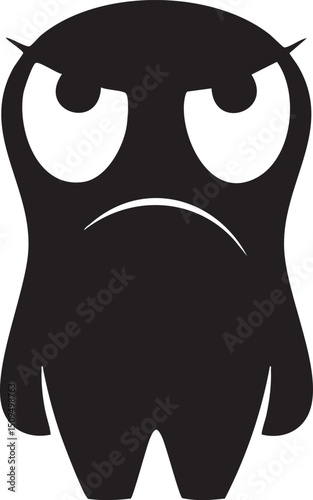 stylized frowning creature stands in stark black and white.