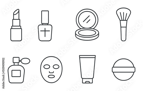 Cosmetic products linear icons set – outline, beauty and skincare symbol collection