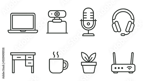 Remote work outline icons set - minimalist, telecommuting and home office symbols
