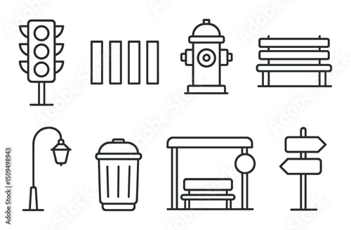 Urban infrastructure line icons set – silhouette, city planning and development symbols