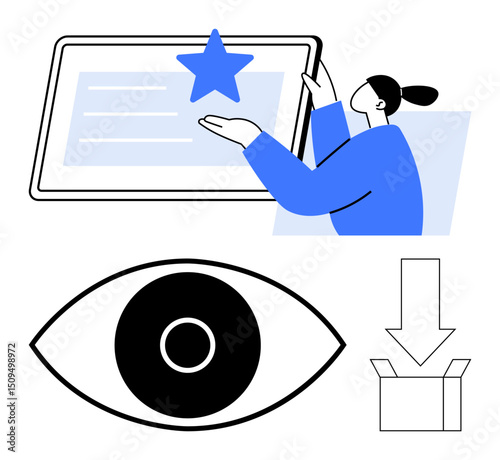 Woman engaging with a screen featuring a star, eye symbol representing visibility or attention, and a box with a download arrow. Ideal for content creation, data, attention, visibility, interface