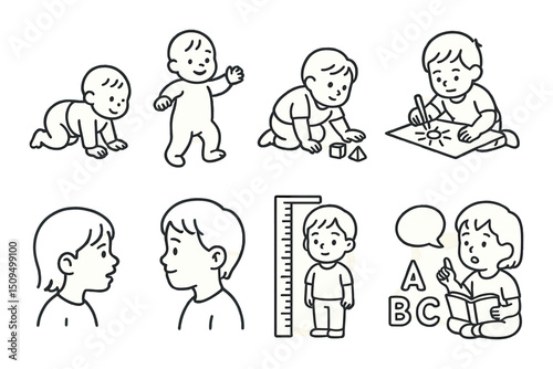 Child development outline icons set – silhouette, educational and growth symbols