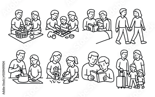 Family activity outline icons set – silhouette, family bonding and leisure symbols
