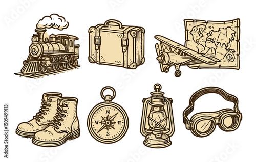 Vintage travel icons set – silhouette, retro and adventure journey symbols
