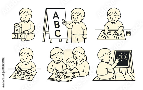 Child learning outline icons set – educational, teaching and kids study symbols