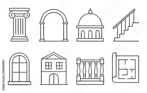 Architectural linear icons set – outline, building and structure design symbols