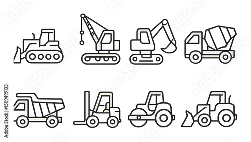 Construction linear icons set – outline, building tools and machinery symbols