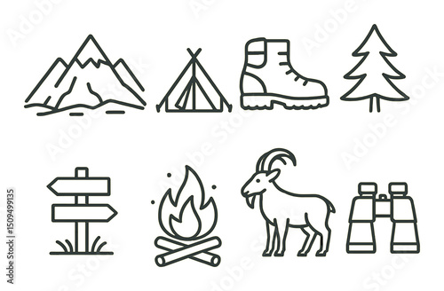 Camping and nature outline icons set – silhouette, outdoor and adventure symbols