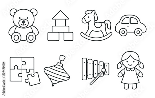 Classic childhood toys outline icons set – simple, playful and nostalgic symbols