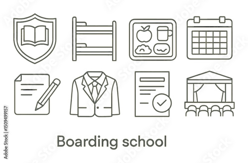 Boarding school outline icons set – education, academic, and learning symbols