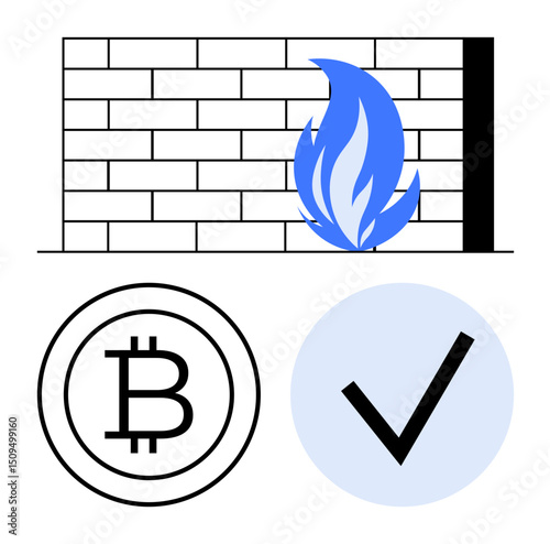 Brick wall with flame representing firewall, Bitcoin logo for blockchain, checkmark for verification. Ideal for data security, cryptocurrency, blockchain, fintech, compliance, reliability trust