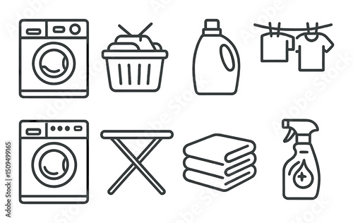 Laundry outline icons set – silhouette, washing and cleaning essentials collection