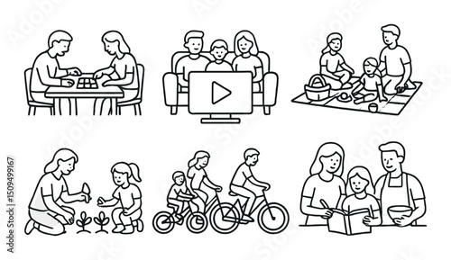 Family fun outline icons set – silhouette, leisure and togetherness symbols