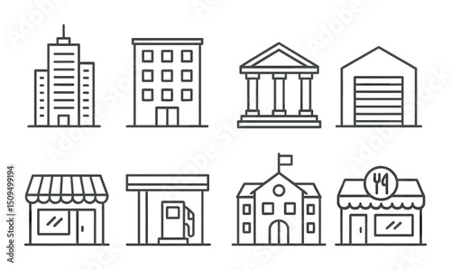 Urban buildings linear icons set – outline, cityscape and architecture symbols