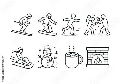 Winter fun icons set – outline, seasonal recreation and holiday activity symbols