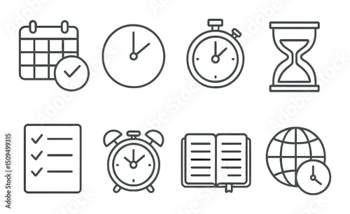 Time management linear icons set – outline, schedule, productivity symbols