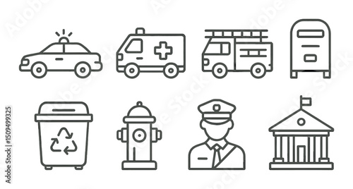 Public service linear icons set – outline, emergency and community service symbols